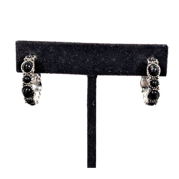 Chaps Black Cabochon Silver Tone Hoop Pierced Earrings Western Boho - Picture 1 of 12